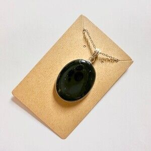 BLACK Onyx Stone Silver Plated Oval Pendant Necklace
